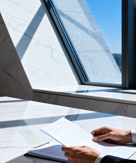 Attorney reviewing documents by a window