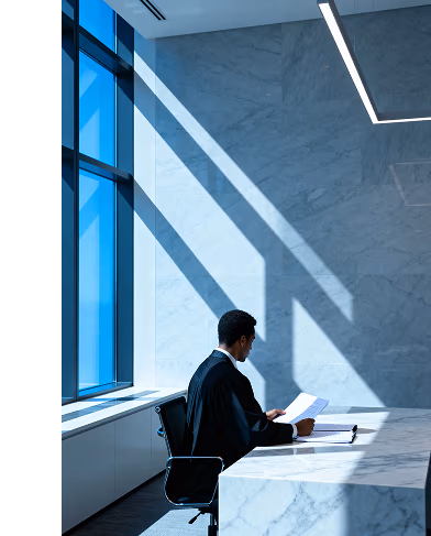 Attorney reviewing case documents at desk